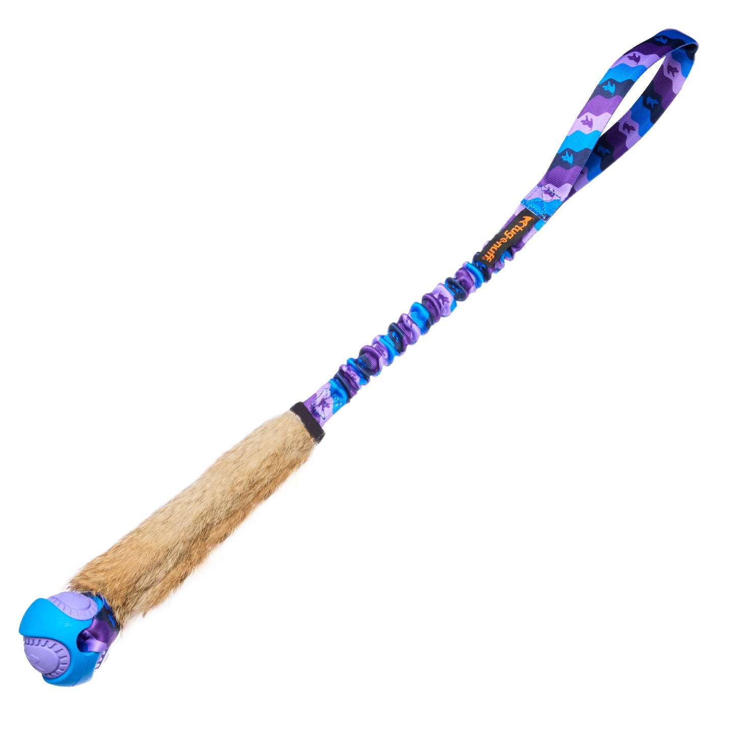 Wondabunny Powerball Bungee dog toy, rabbit fur bite area and bungee handle for fetch and tug