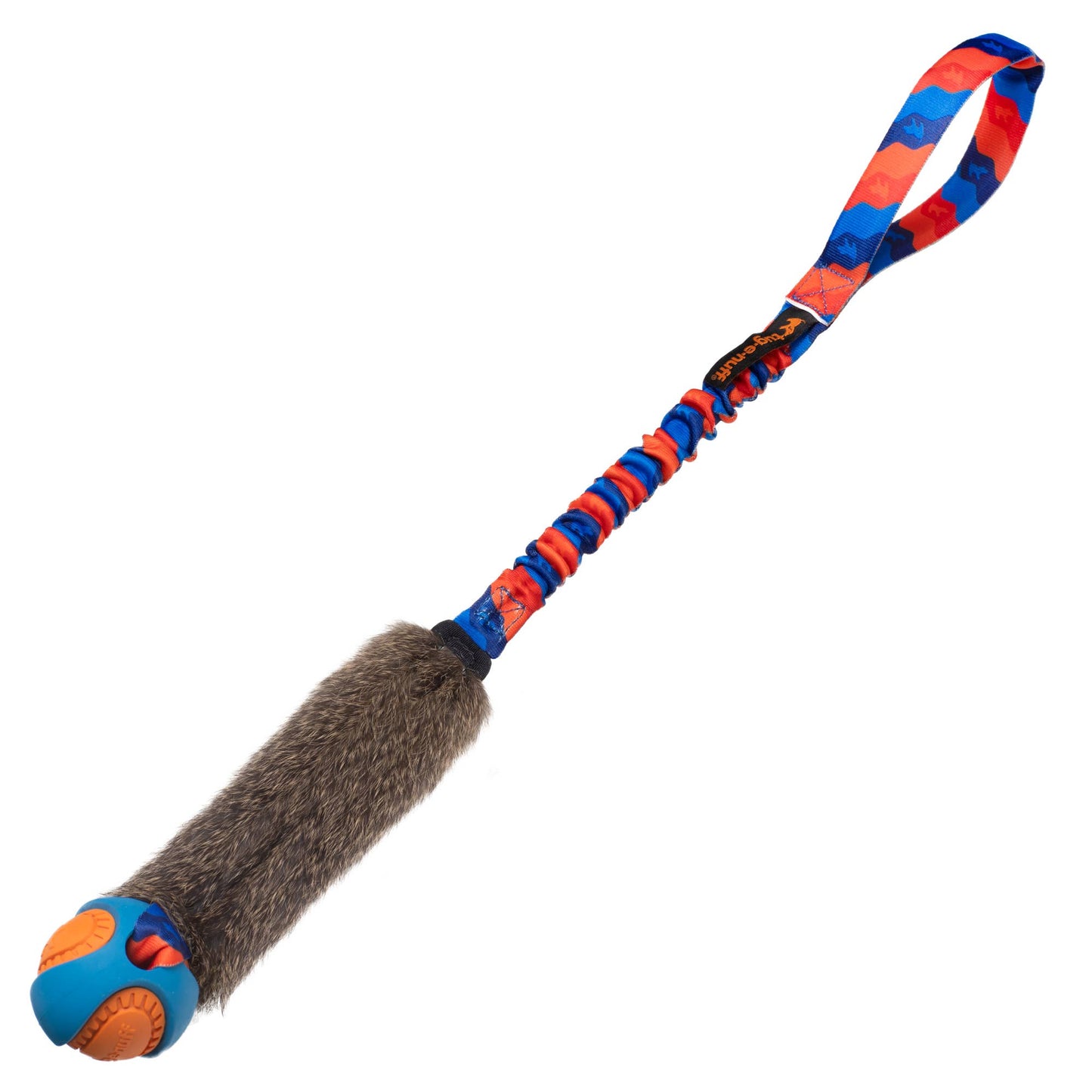 Wondabunny Powerball Bungee dog toy, rabbit fur bite area and bungee handle for fetch and tug
